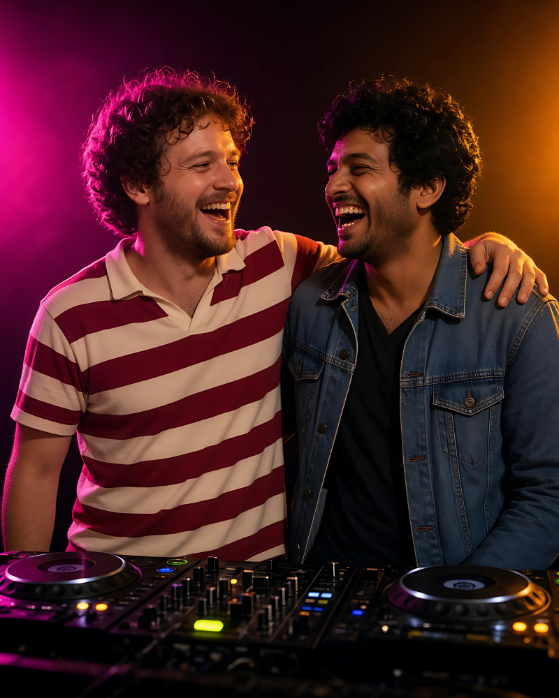 Sam and Dev side by side at the decks laughing.