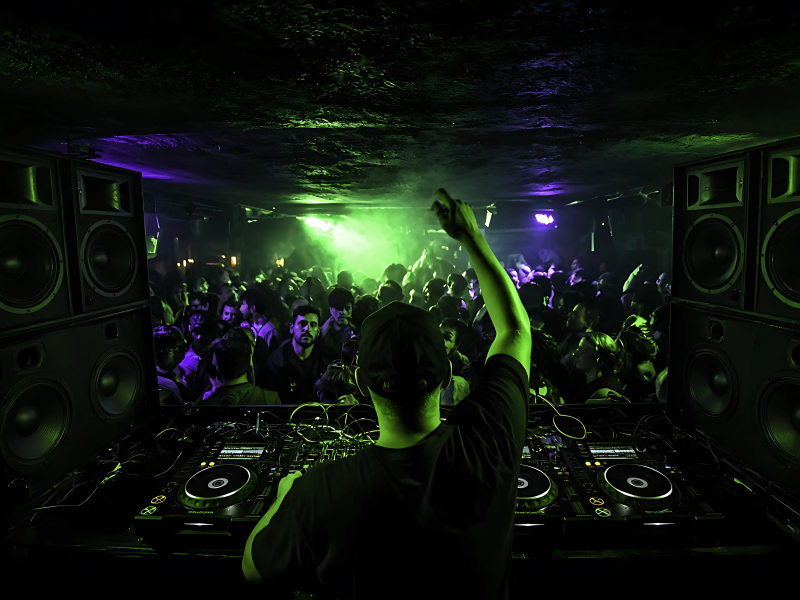 A DJ in the booth with a wall of speakers behind and a packed room.