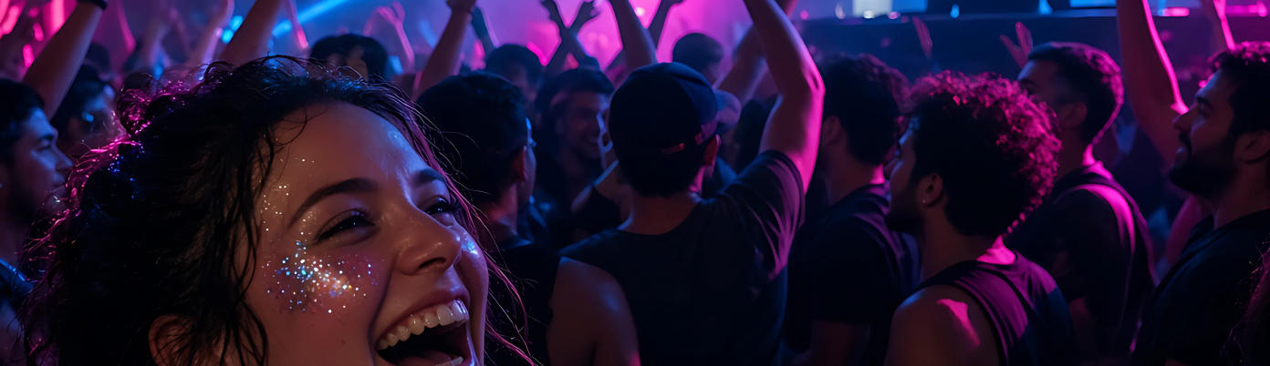 A crowd in the main room with hands in the air under magenta lasers.