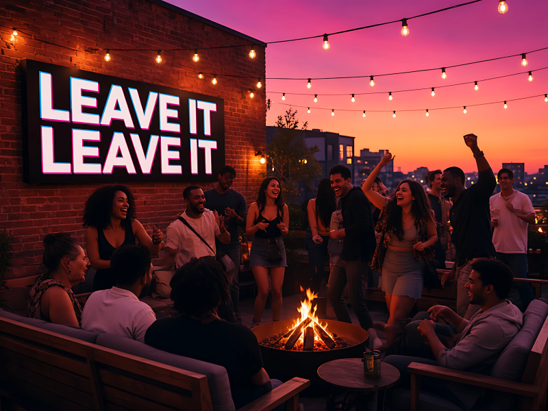 A group dancing on a lit terrace at dusk with string lights overhead.