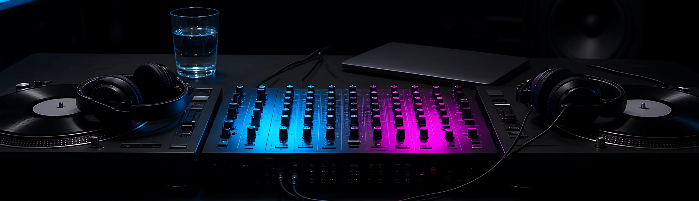 A DJ booth with turntables lit in green and magenta, empty before soundcheck.