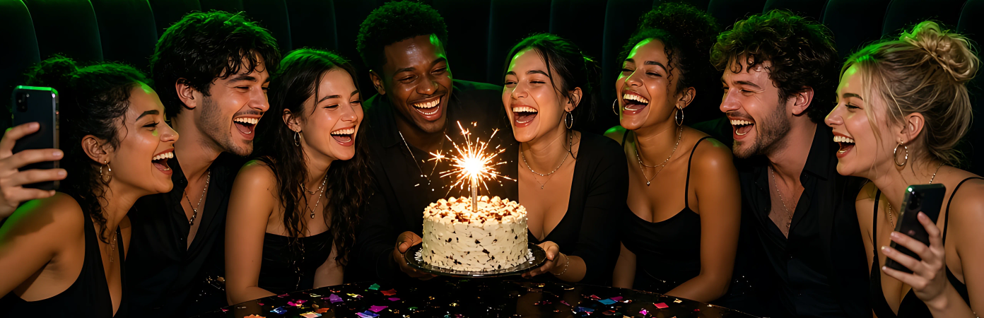 A group of friends laughing in a neon-lit booth with a sparkler on a birthday cake.