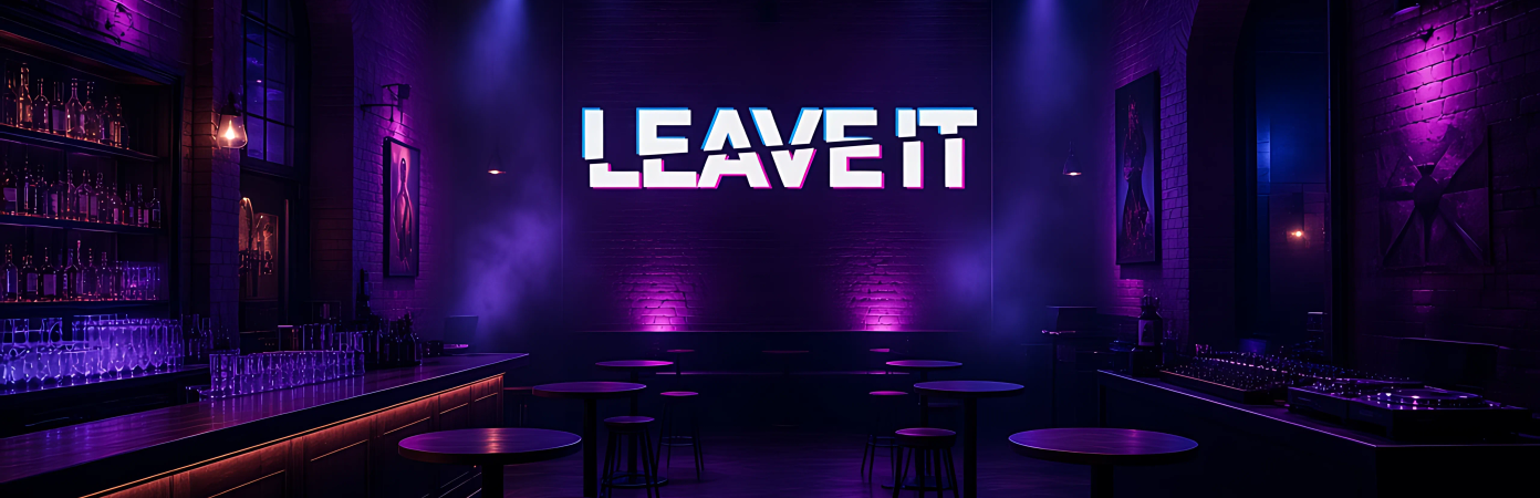 An empty club room before doors with neon signs, fairy lights and a long bar.