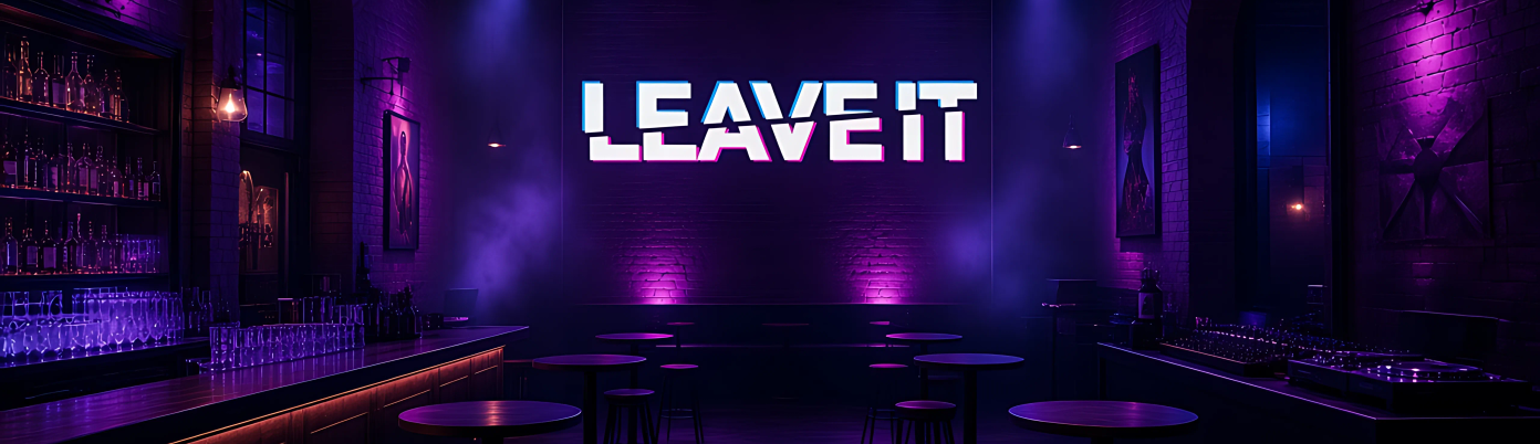 An empty club room before doors with neon signs, fairy lights and a long bar.
