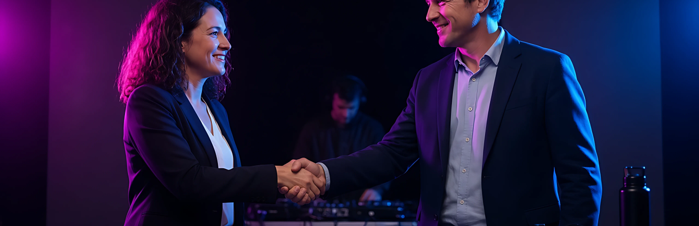 Two people shaking hands beside a branded DJ booth in a dim club.