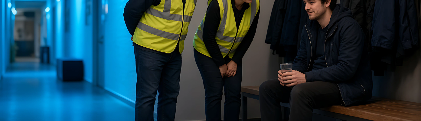 Welfare staff in high-visibility vests talking to a clubber by the cloakroom.