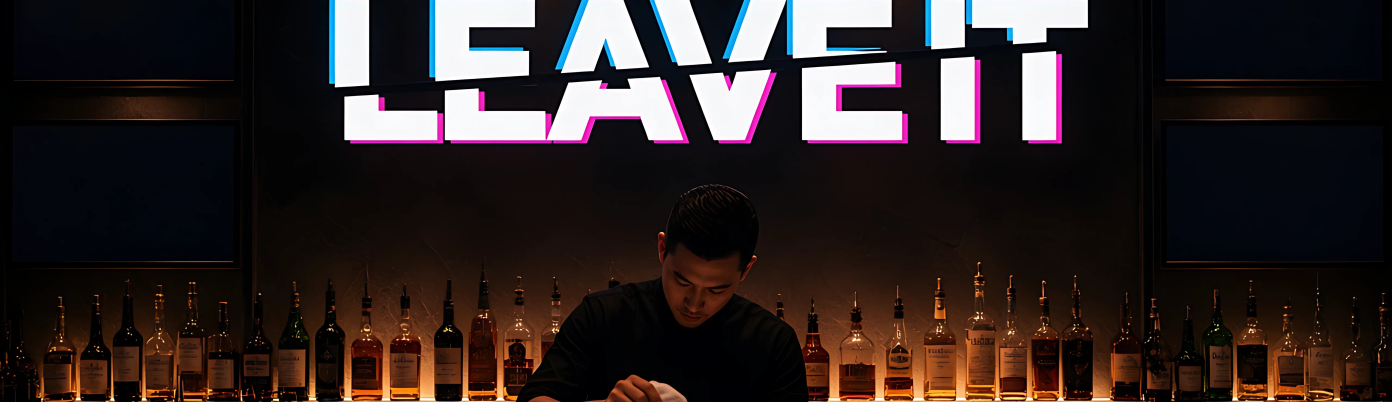 A neon sign above a bar with plain blank sponsor panels.