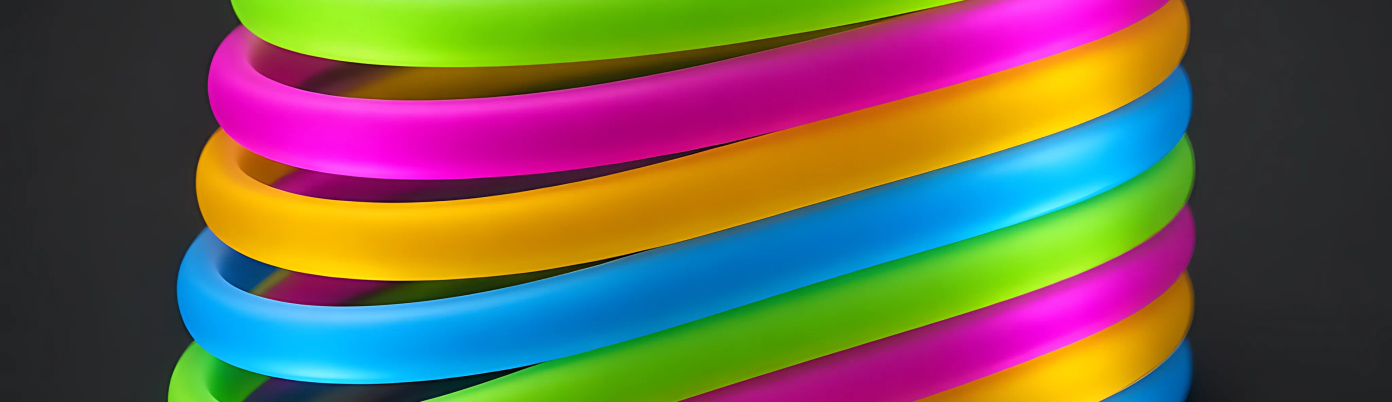 A stack of glowing neon wristbands in several colours.
