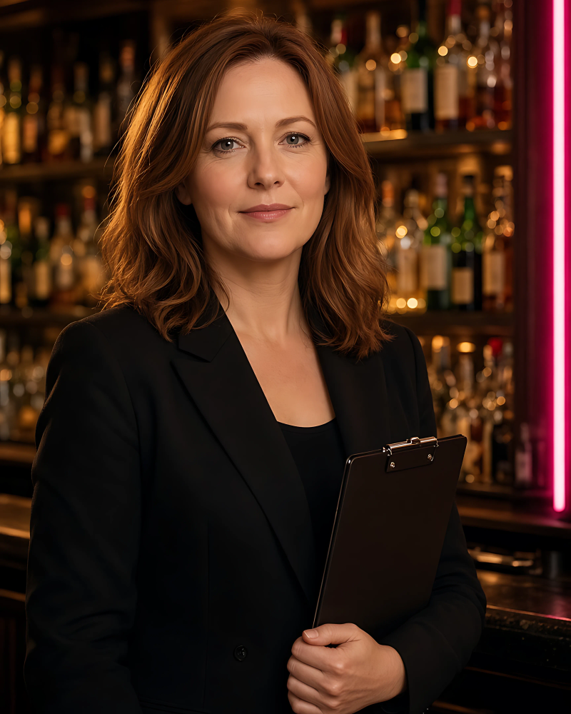 Jo Hartley standing at the bar with a clipboard.